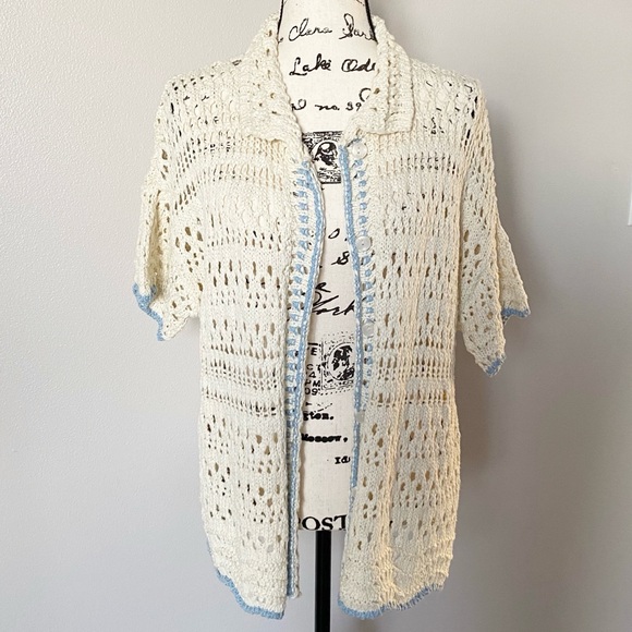 Free People Santa Cruz Club Crochet Sweater Button Front Collar Small NWOT - Picture 3 of 11